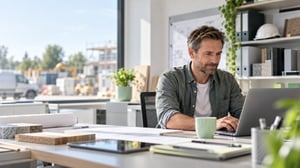 Mitarbeiter im Büro eines Handwerksunternehmens organisiert Aufträge und Einsatzplanung am Laptop mit einem Cloud ERP System