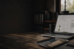 Laptop mit ERP-Software auf einem Büroschreibtisch, davor eine Schale mit Schrauben und Dübeln